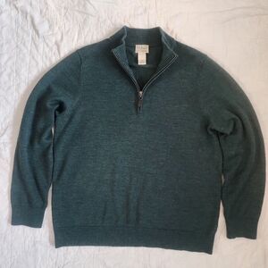 LL Bean Cardigan Sweater 1/2 ZIP Pullover Merino Wool Green Long Sleeve Size L